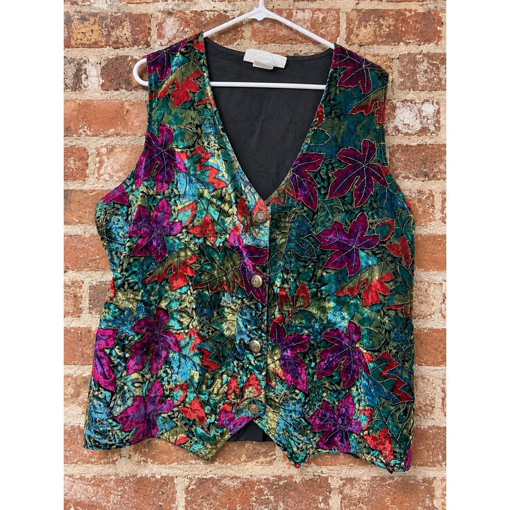 Vintage Velvet Metallic Leaf Vest 18 Fall Whimsigoth Boho Eclectic Festive Retro